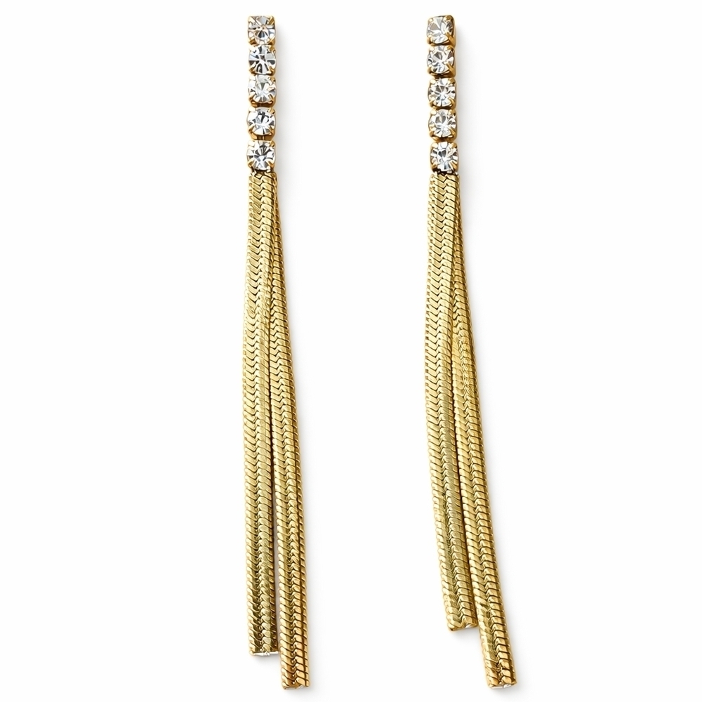Stainless Steel Tassel Drop Earrings Rhinestone Long Dangle Statement